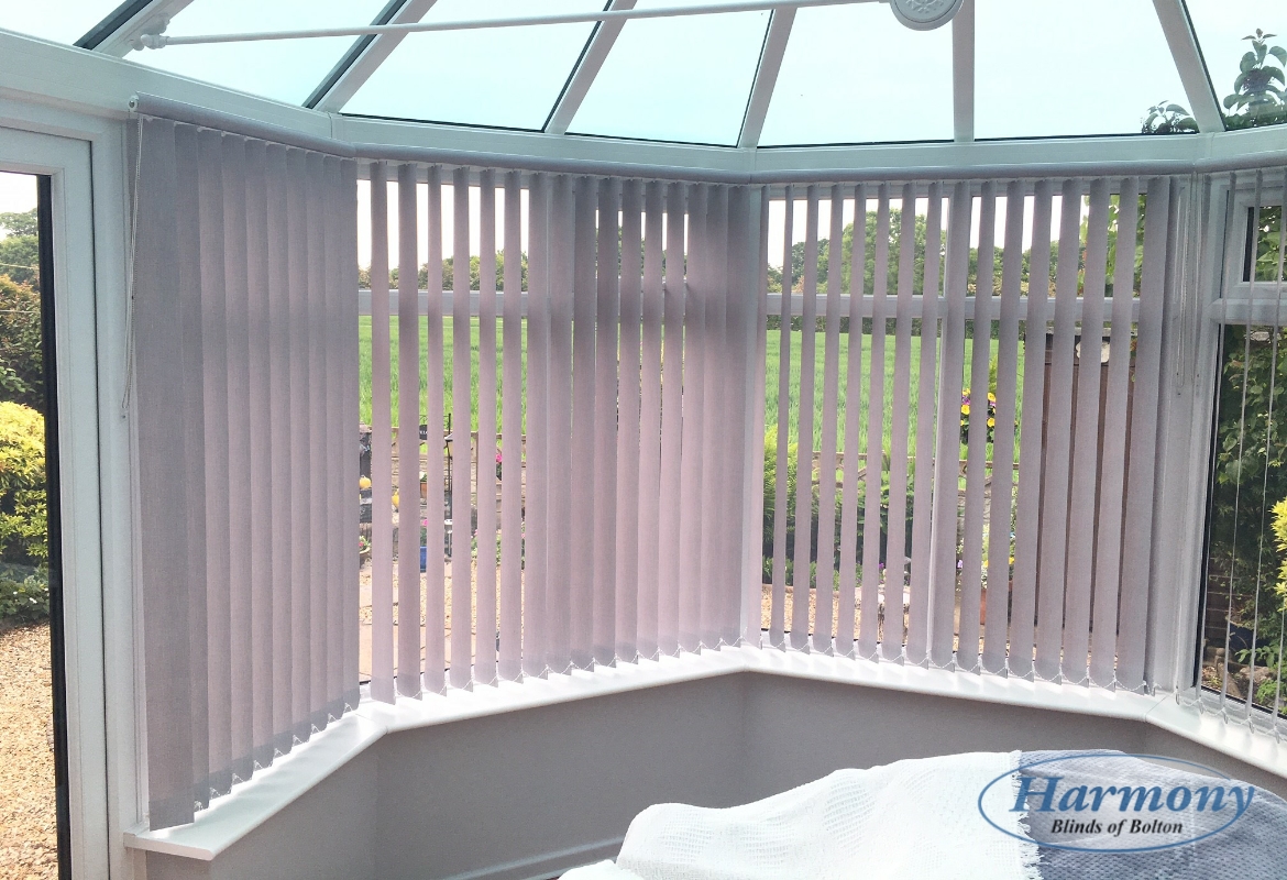 Lilac Vertical Blinds with Top pelmet in a Conservatory Harmony