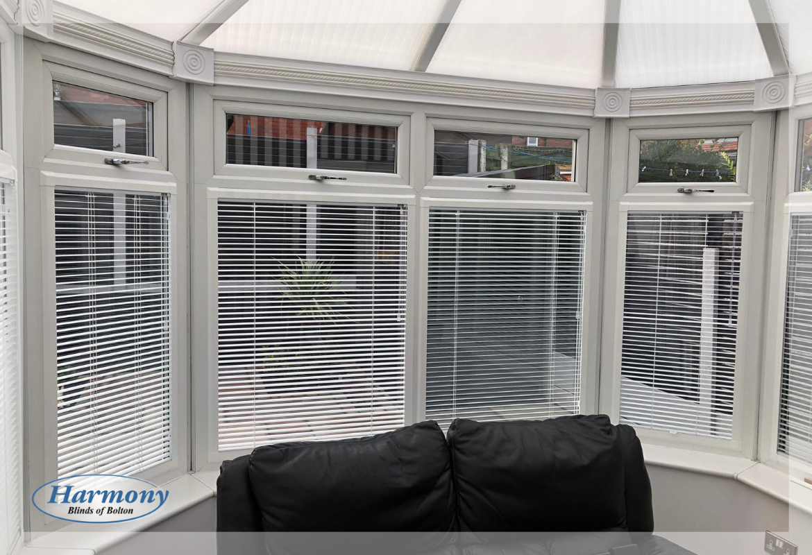 White Perfect Fit Venetian Blinds In A Conservatory
