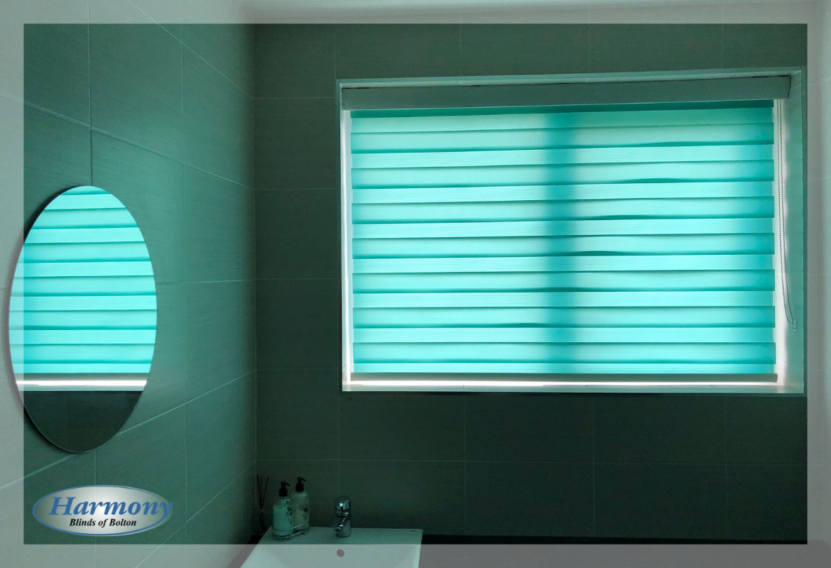Teal Day & Night Roller Blind in a Bathroom