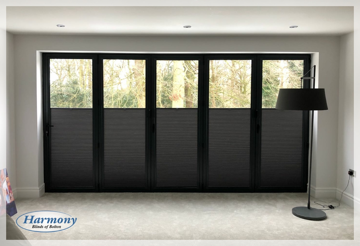Anthracite Grey Bi-fold Doors fitted with matching Perfect Fit Hive Blinds