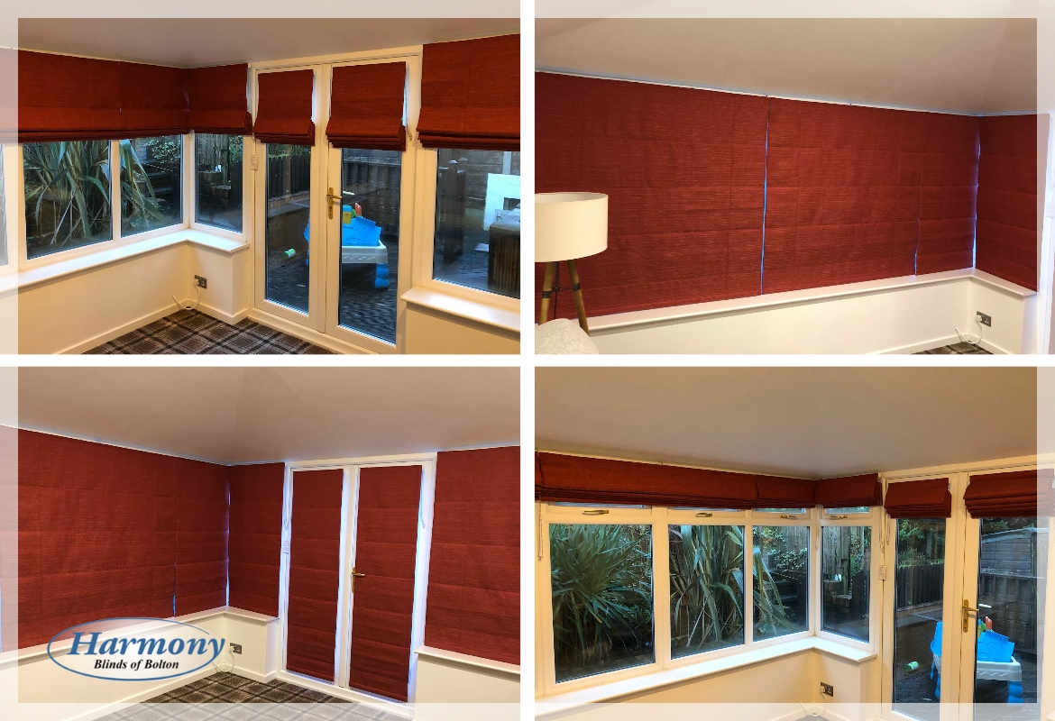 Crushed Red Velvet Roman Blinds in a Conservatory