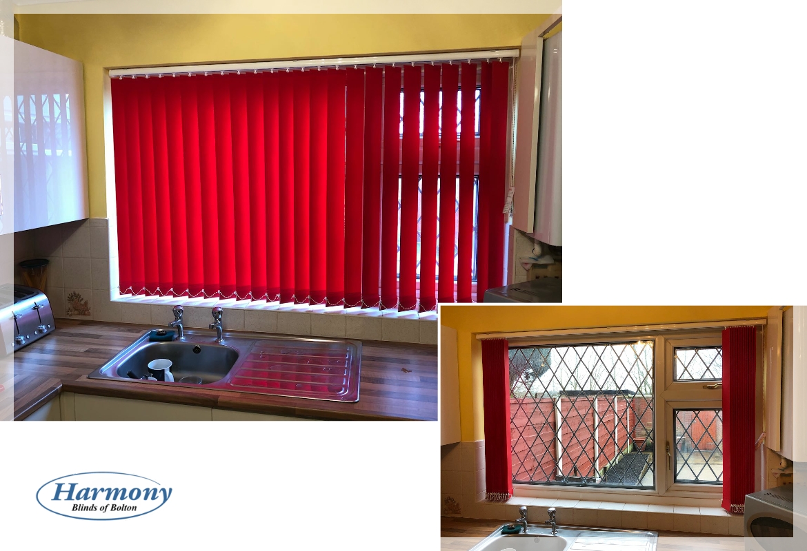 Vibrant Red Vertical Blind in a Kitchen