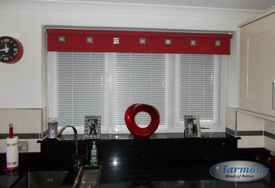 Perfect Fit Venetian Blinds And A Red Roller Blind In Kitchen