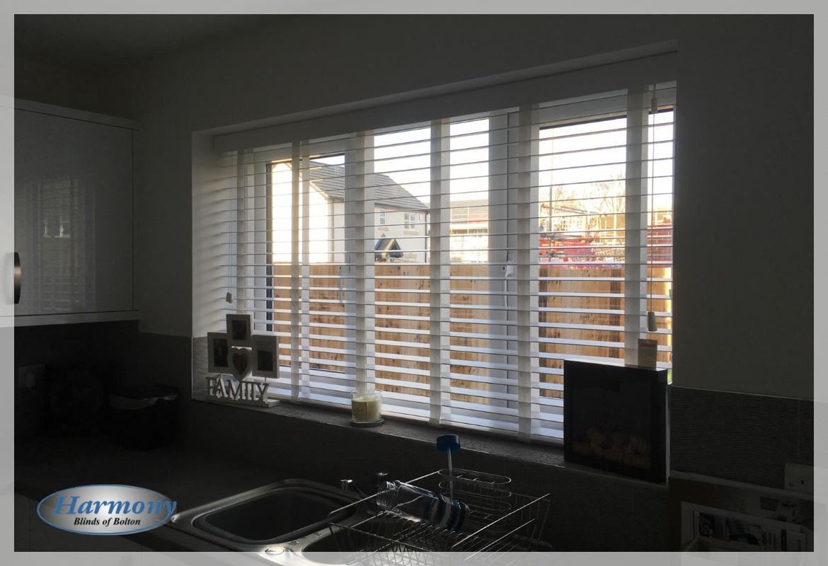 Made to Measure Taped Wooden Blinds in a Kitchen