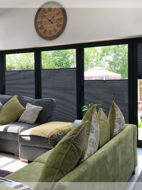 Anthracite Grey Bi-fold Doors with Grey Perfect Fit Blinds