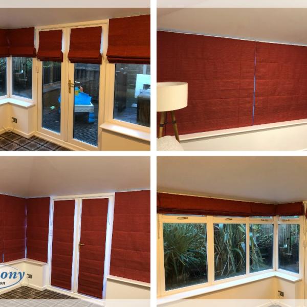 Crushed Red Velvet Roman Blinds in a Conservatory