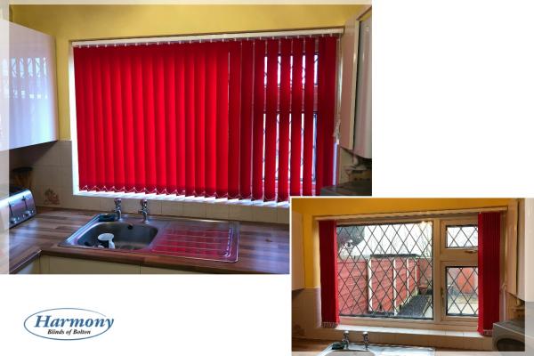 Vibrant Red Vertical Blind in a Kitchen